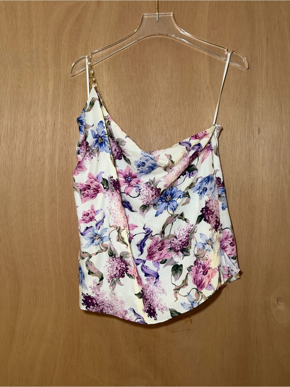 Cami NYC Floral Draped Cowl Camisole - White with Pink & Blue Blooms